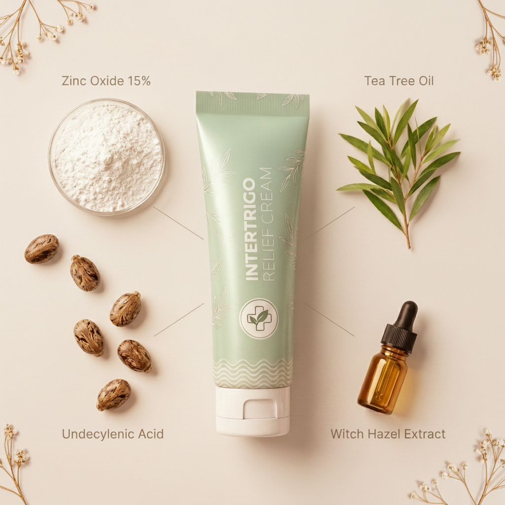 Intertrigo Relief Cream with ingredients - Zinc Oxide, Tea Tree Oil, Undecylenic Acid, Witch Hazel Extract
